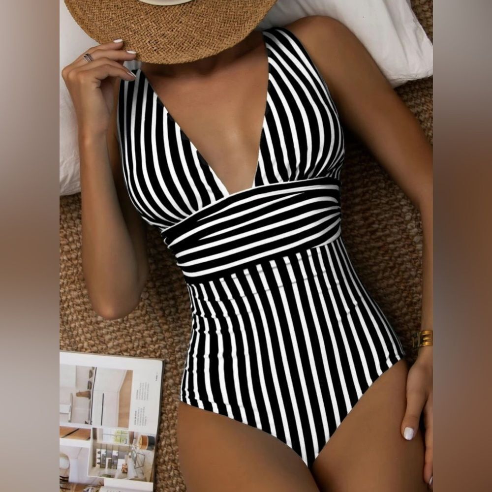 Black White Striped V Neck One Piece
